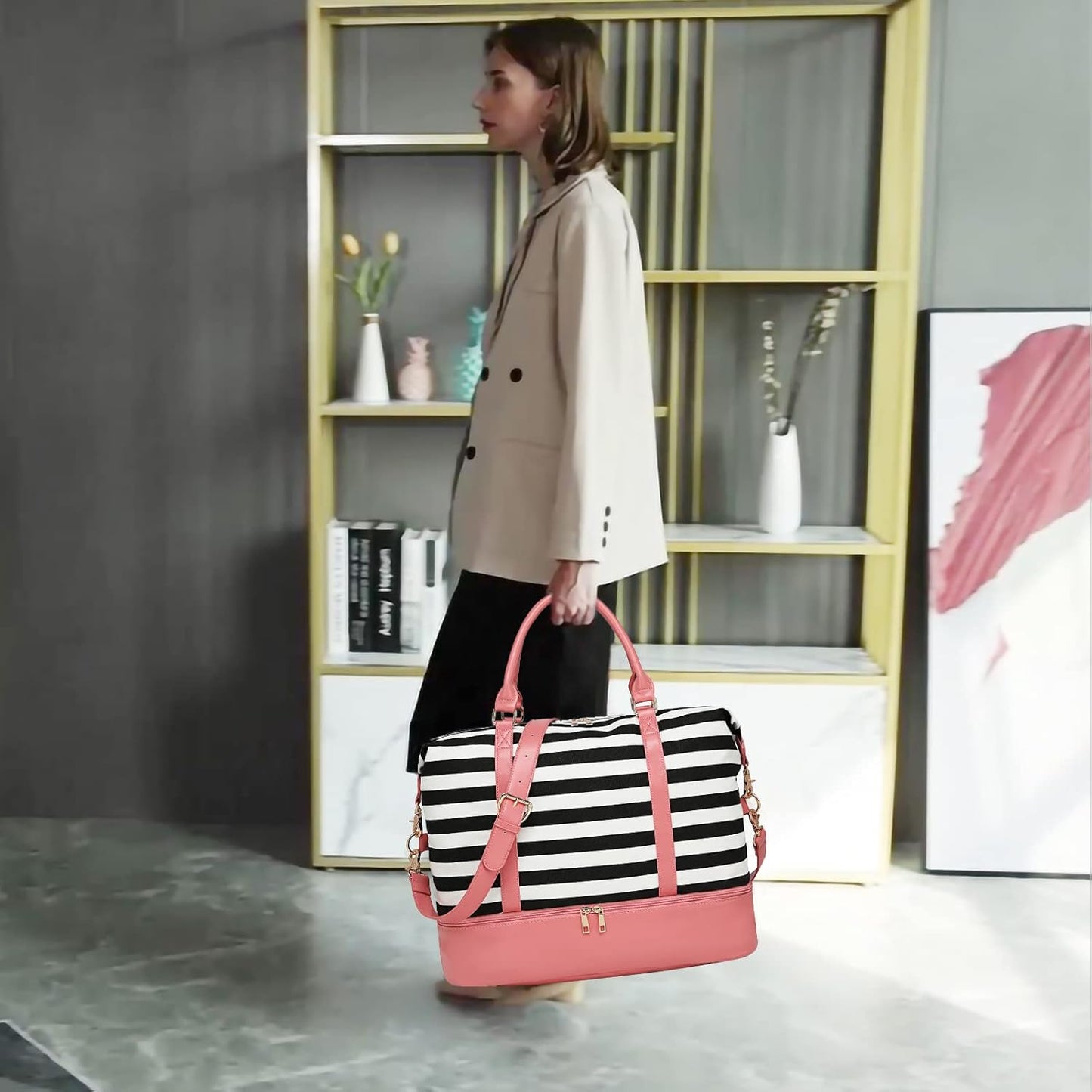 Womens Travel Weekender Bag Canvas Carry on Overnight Tote Luggage Duffel Beach Bags (Pink Leather Black Stripe with Shoe Compartment)