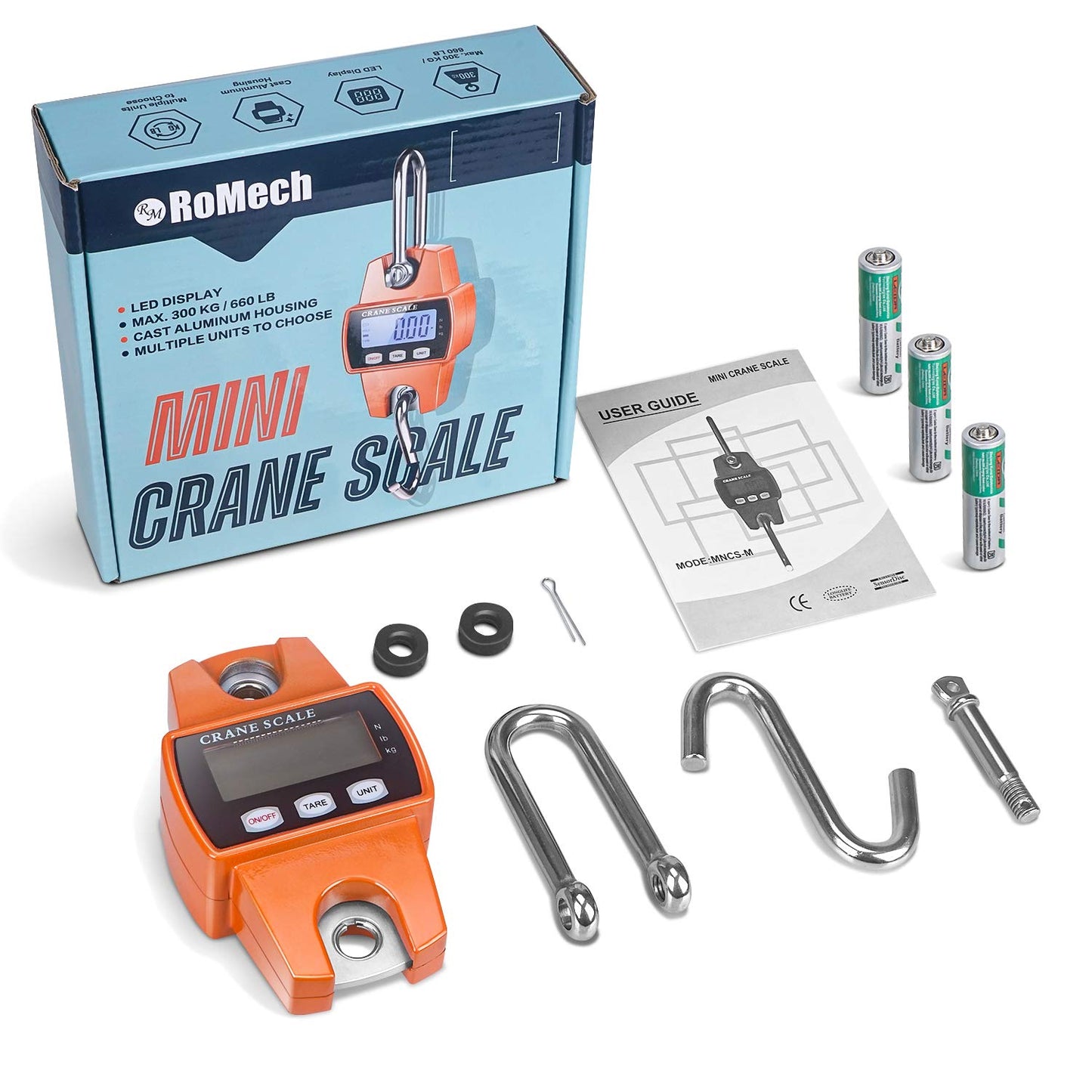 660Lb Digital Hanging Scale with Cast Aluminum Case, Handheld 300Kg Mini Crane Scale with Hooks for Farm Hunting Fishing Outdoor (Orange)