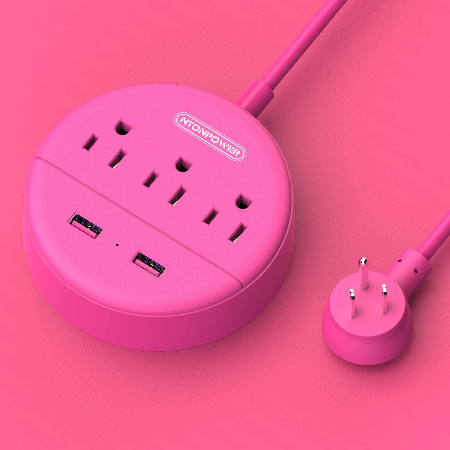 Pink Extension Cord 10 Ft, Long Cord Power Strip Flat Plug, 3 Outlets 2 USB Desktop Charging Station Wall Mount, Compact for Home, Dorm Room, Office and Cruise Ship Nightstand