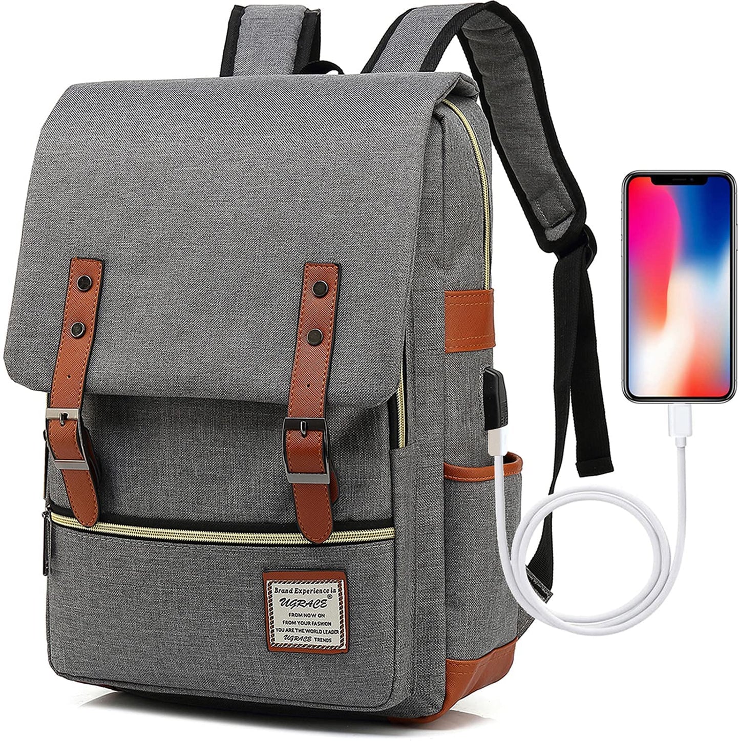 Laptop Backpack, Grey, Unisex, 15.6" Laptop Compartment, 6 Compartments, USB Charge Port, Adjustable Shoulder Strap, PU Leather Belt