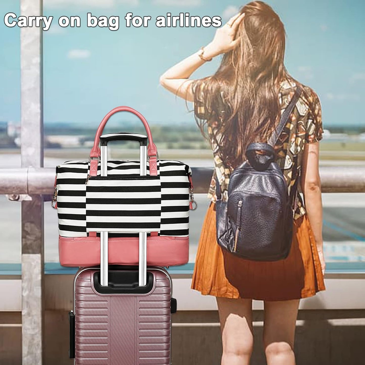 Womens Travel Weekender Bag Canvas Carry on Overnight Tote Luggage Duffel Beach Bags (Pink Leather Black Stripe with Shoe Compartment)