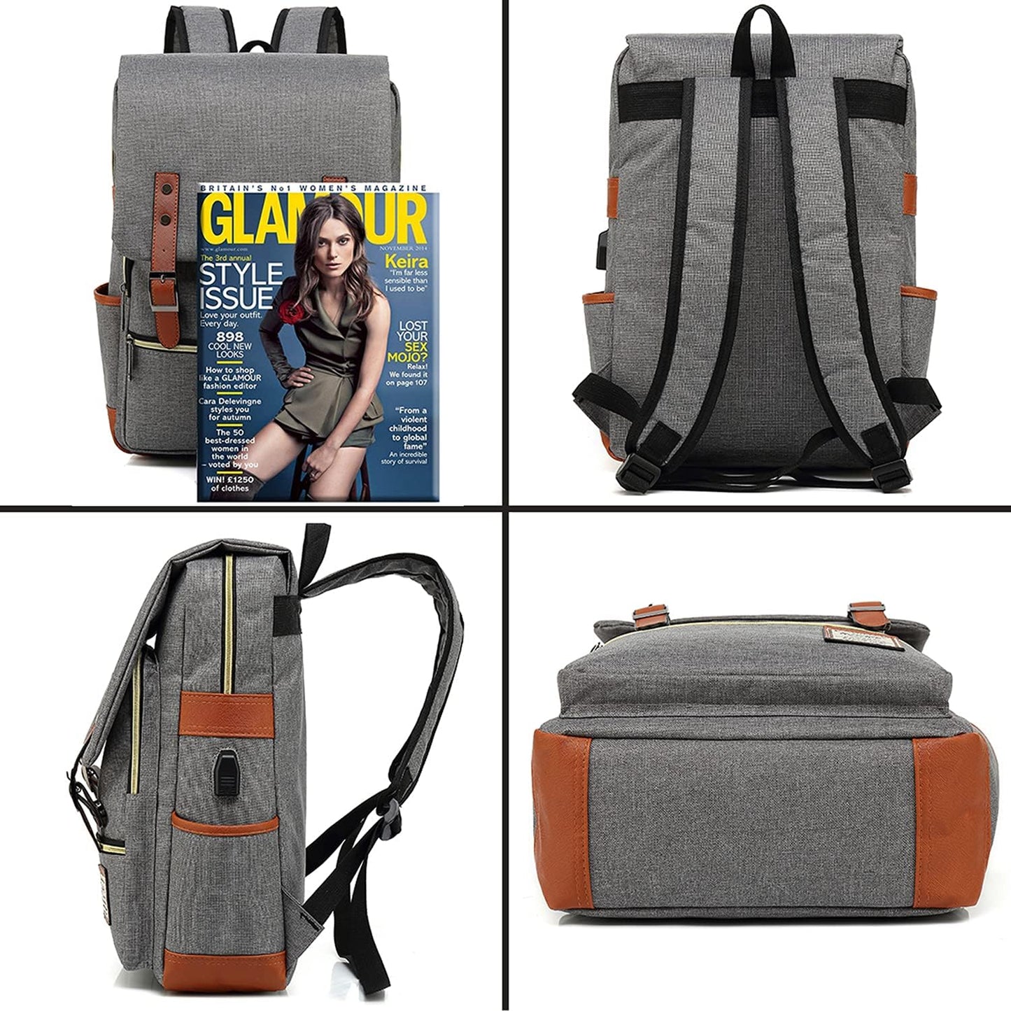 Laptop Backpack, Grey, Unisex, 15.6" Laptop Compartment, 6 Compartments, USB Charge Port, Adjustable Shoulder Strap, PU Leather Belt