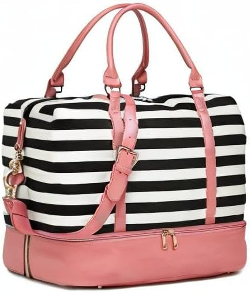 Womens Travel Weekender Bag Canvas Carry on Overnight Tote Luggage Duffel Beach Bags (Pink Leather Black Stripe with Shoe Compartment)
