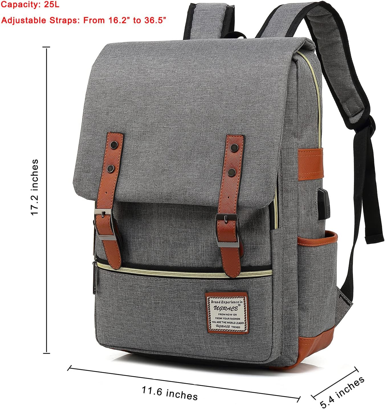 Laptop Backpack, Grey, Unisex, 15.6" Laptop Compartment, 6 Compartments, USB Charge Port, Adjustable Shoulder Strap, PU Leather Belt