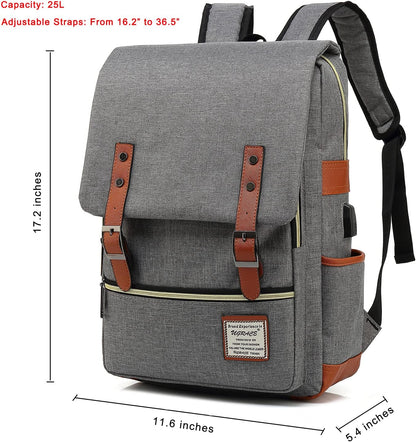 Laptop Backpack, Grey, Unisex, 15.6" Laptop Compartment, 6 Compartments, USB Charge Port, Adjustable Shoulder Strap, PU Leather Belt