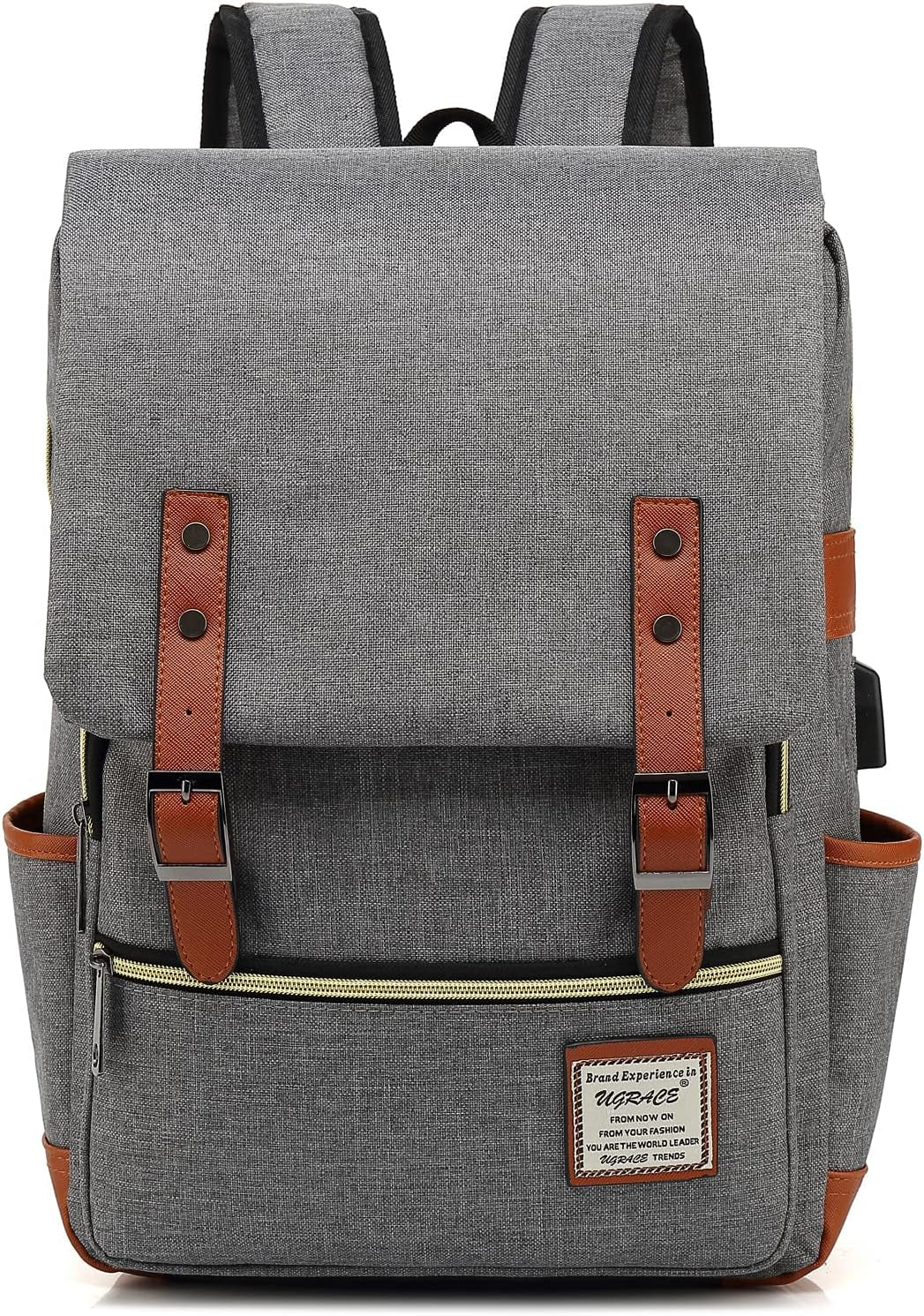 Laptop Backpack, Grey, Unisex, 15.6" Laptop Compartment, 6 Compartments, USB Charge Port, Adjustable Shoulder Strap, PU Leather Belt