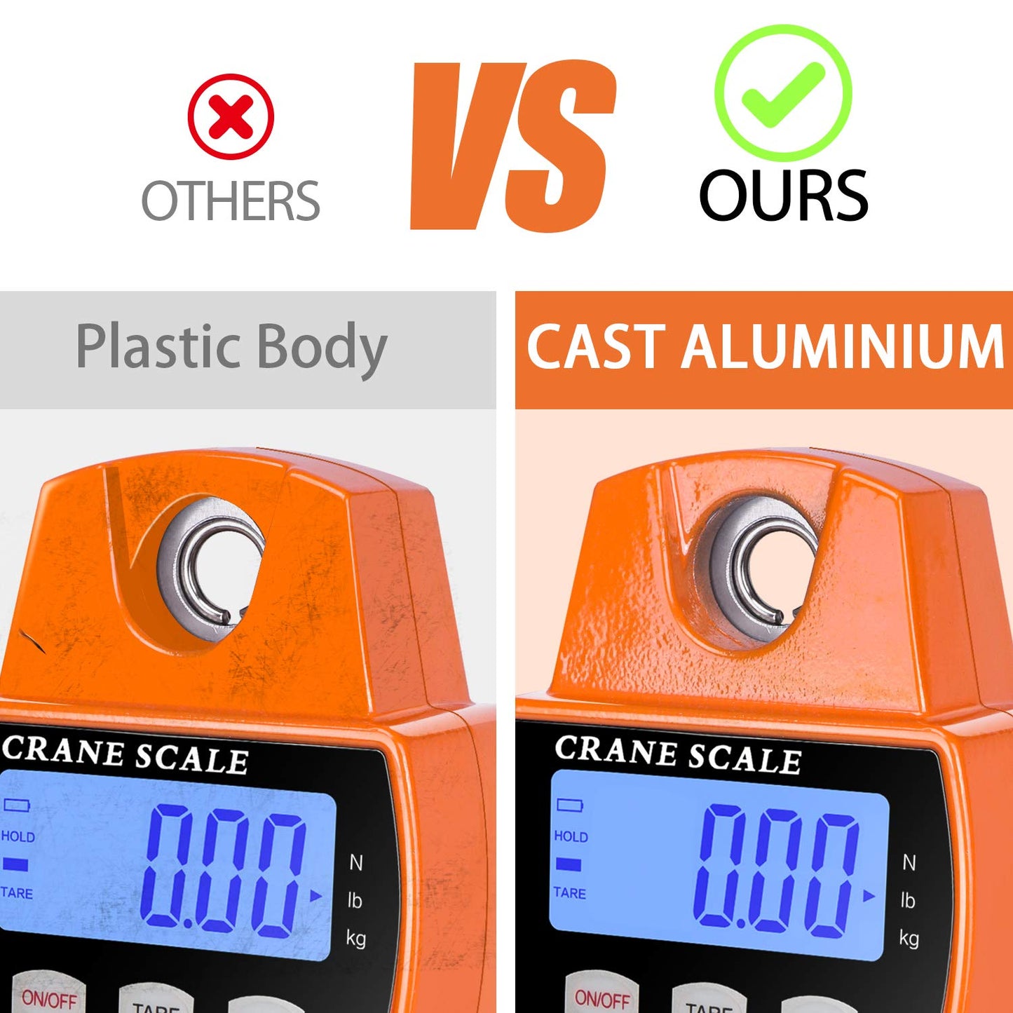 660Lb Digital Hanging Scale with Cast Aluminum Case, Handheld 300Kg Mini Crane Scale with Hooks for Farm Hunting Fishing Outdoor (Orange)