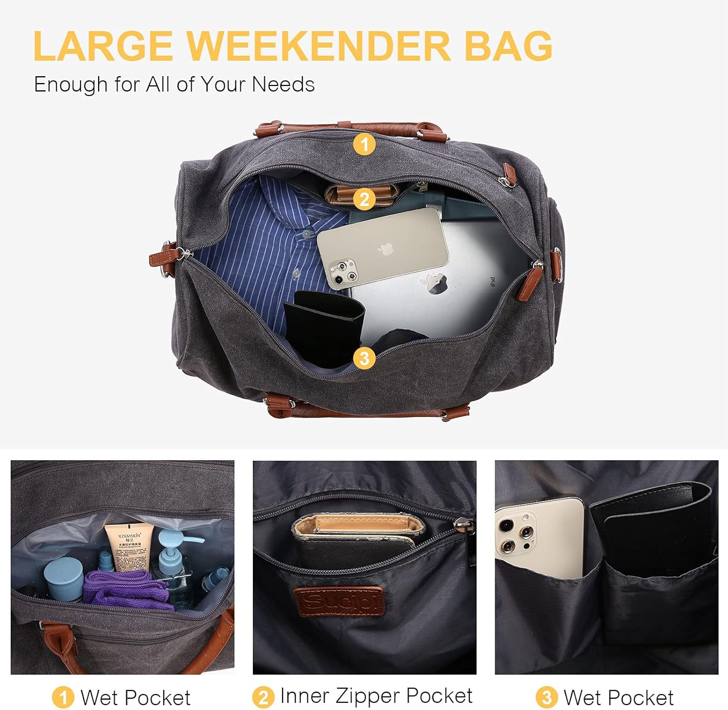 Weekender Bags for Women  Large Overnight Bag Carry on Duffle Bag with Luggage Sleeve Canvas Travel Duffel Bag with Toilerty Bag,Shoe Compartment,Wet Pocket Black