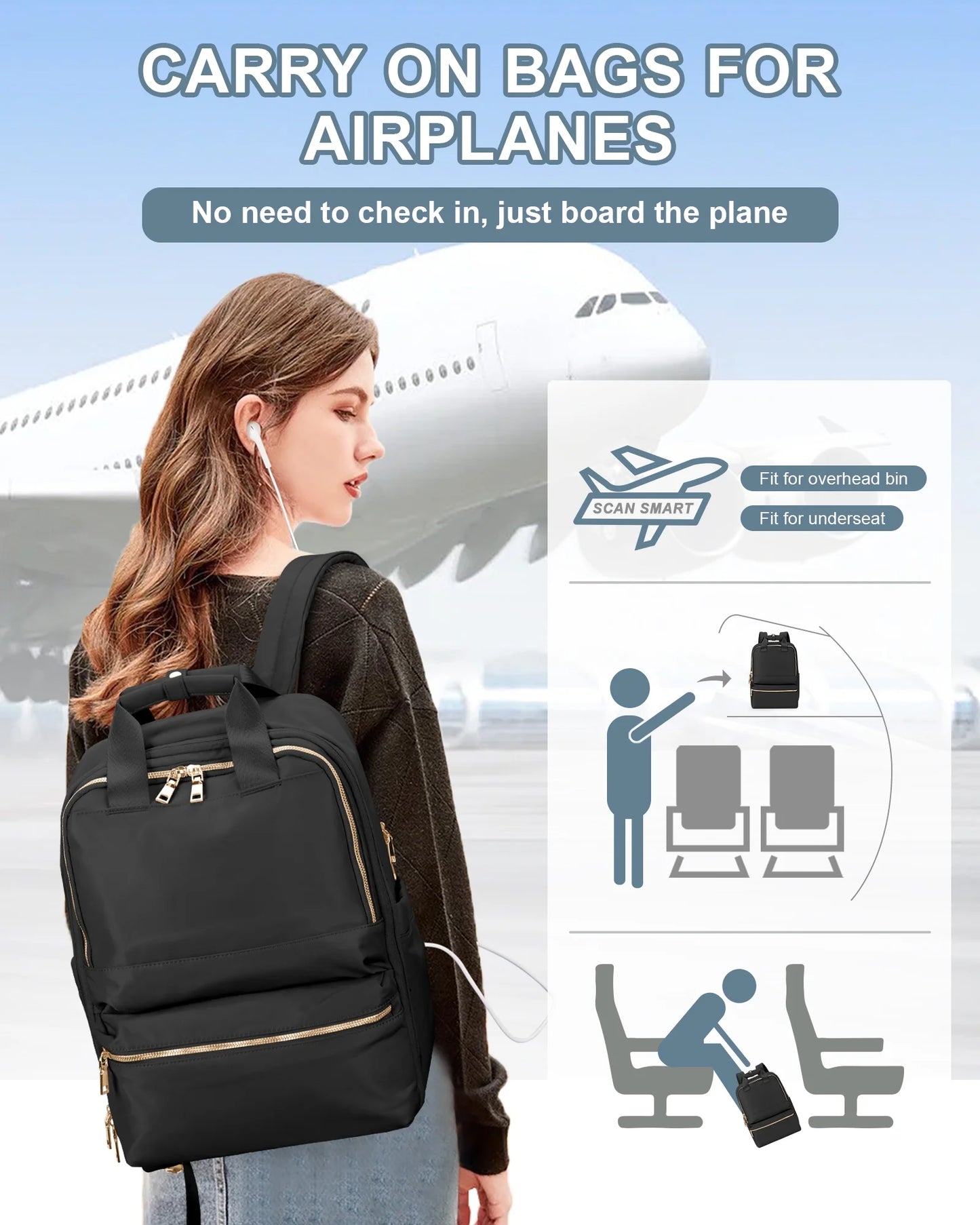 Travel Backpack for Women Men Airline Approved Carry on Bags for Airplanes Black Laptop Backpack Personal Item Backpack for Traveling on Airplane College Backpack with Laptop Compartment
