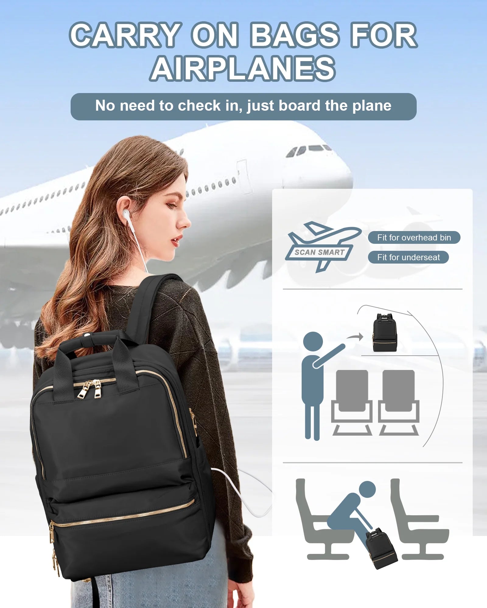 Travel Backpack for Women Men Airline Approved Carry on Bags for Airplanes Black Laptop Backpack Personal Item Backpack for Traveling on Airplane College Backpack with Laptop Compartment