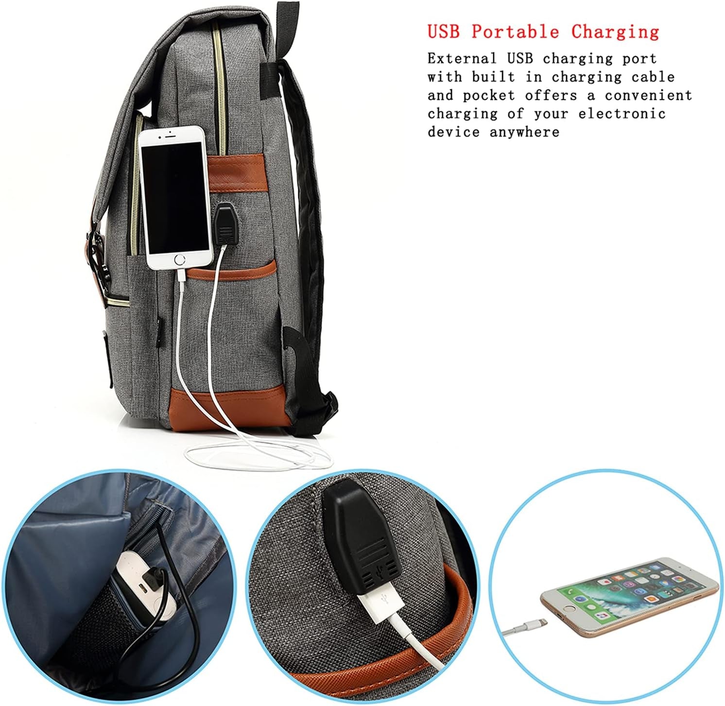Laptop Backpack, Grey, Unisex, 15.6" Laptop Compartment, 6 Compartments, USB Charge Port, Adjustable Shoulder Strap, PU Leather Belt