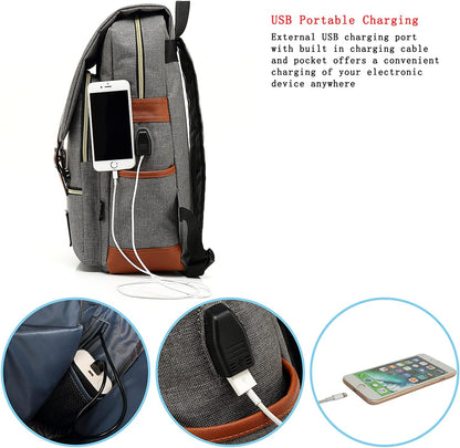 Laptop Backpack, Grey, Unisex, 15.6" Laptop Compartment, 6 Compartments, USB Charge Port, Adjustable Shoulder Strap, PU Leather Belt