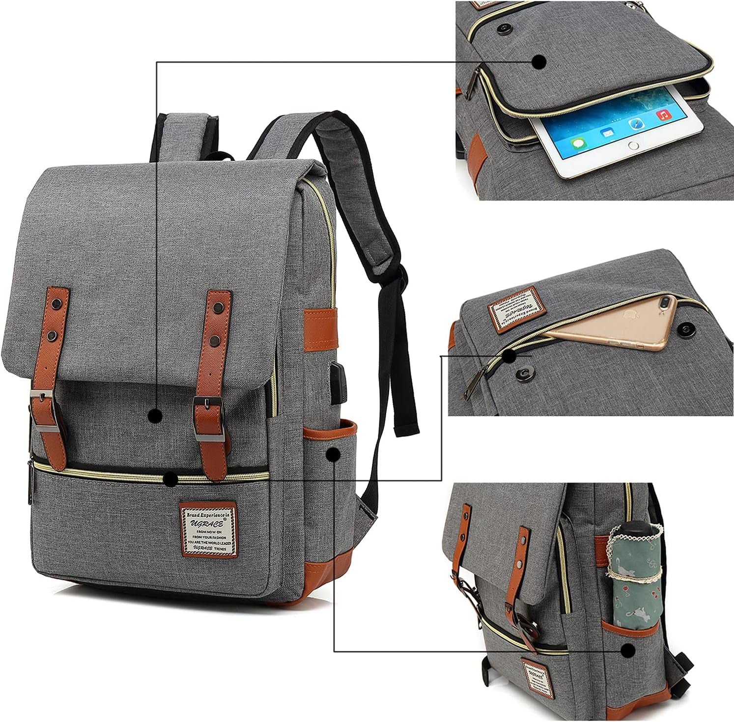 Laptop Backpack, Grey, Unisex, 15.6" Laptop Compartment, 6 Compartments, USB Charge Port, Adjustable Shoulder Strap, PU Leather Belt