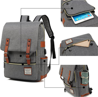 Laptop Backpack, Grey, Unisex, 15.6" Laptop Compartment, 6 Compartments, USB Charge Port, Adjustable Shoulder Strap, PU Leather Belt