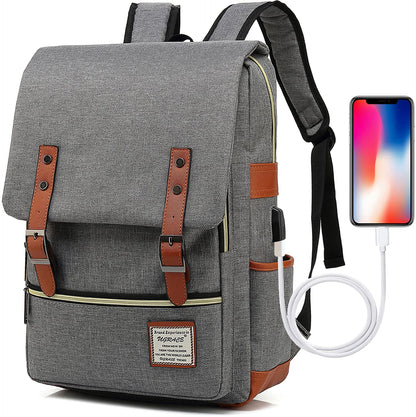 Laptop Backpack, Grey, Unisex, 15.6" Laptop Compartment, 6 Compartments, USB Charge Port, Adjustable Shoulder Strap, PU Leather Belt