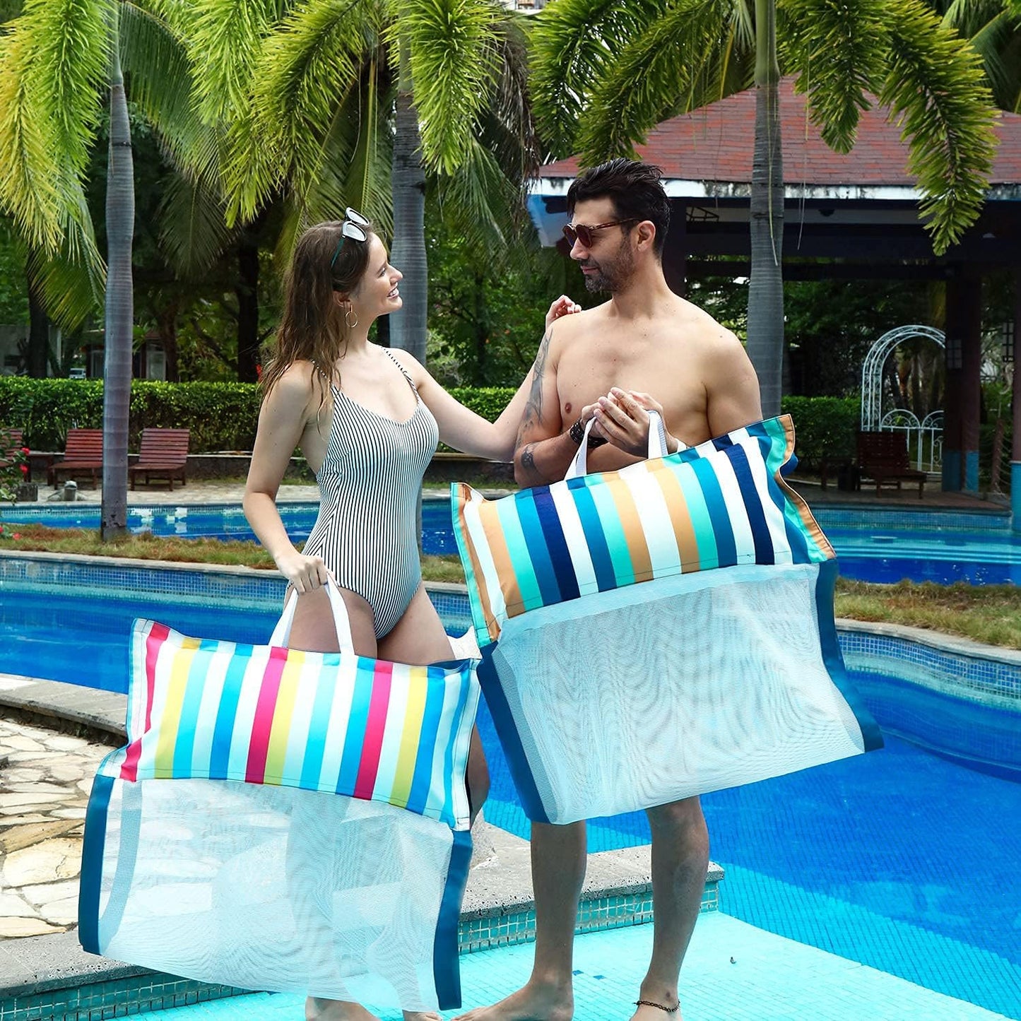 Fabric Pool Hammock Floats, XL, 2Pack Inflatable Multi Purpose Water Hammocks Floaties (Saddle, Lounge Chair, Hammock, Drifter), Pool Float Lounger for Adults