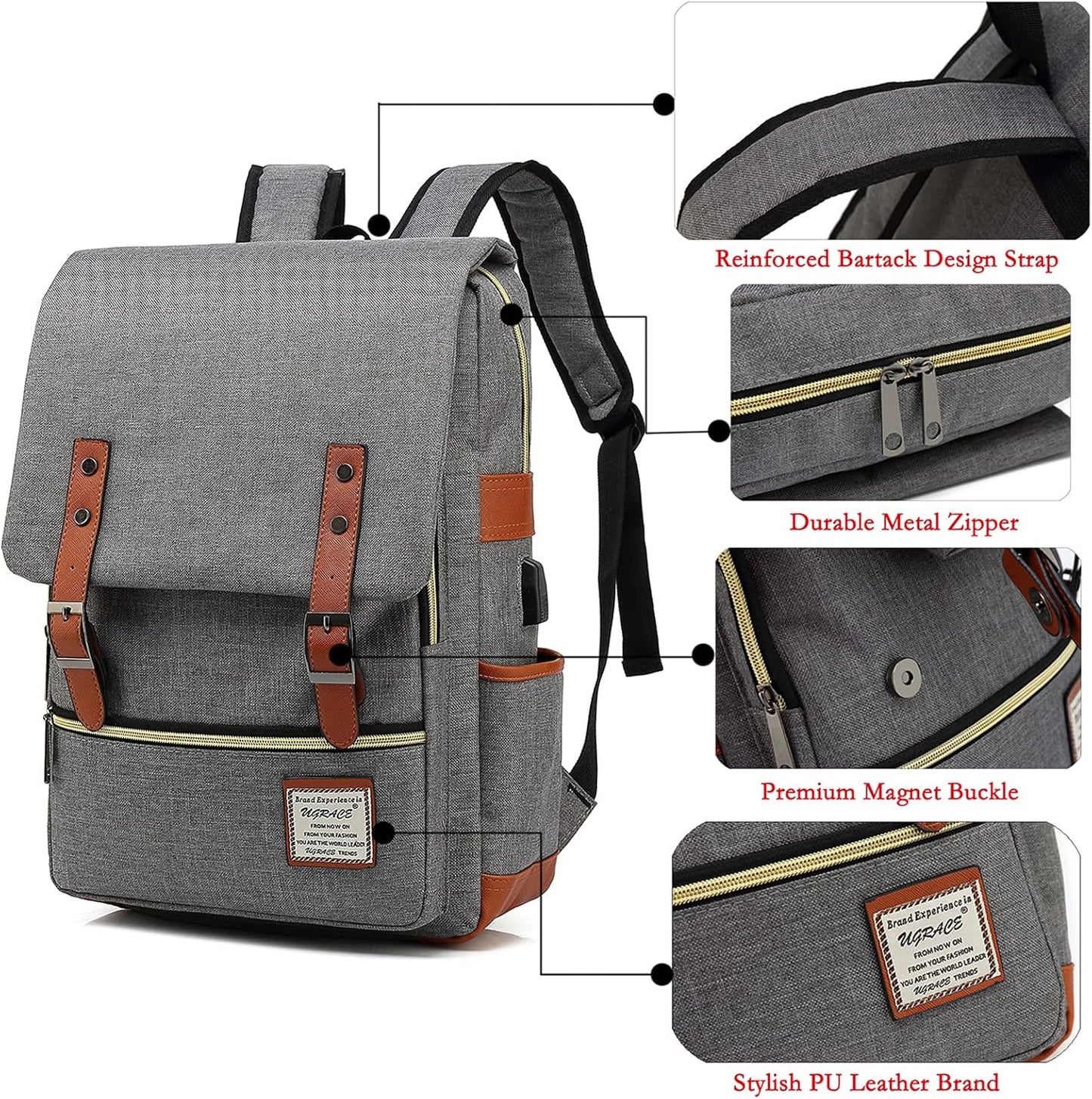 Laptop Backpack, Grey, Unisex, 15.6" Laptop Compartment, 6 Compartments, USB Charge Port, Adjustable Shoulder Strap, PU Leather Belt
