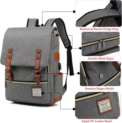 Laptop Backpack, Grey, Unisex, 15.6" Laptop Compartment, 6 Compartments, USB Charge Port, Adjustable Shoulder Strap, PU Leather Belt