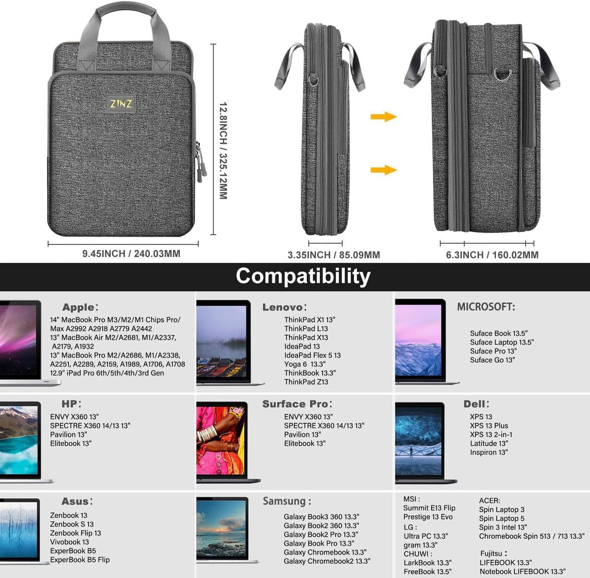 Slim & Expandable Case 12.9 13 Inch Travel Laptop Shoulder Bag for Macbook Air 13" M3/M2/M1, Macbook Pro 13" M2/M1, Ipad Pro 12.9"/13"/11", Ipad Air 13",L01G03