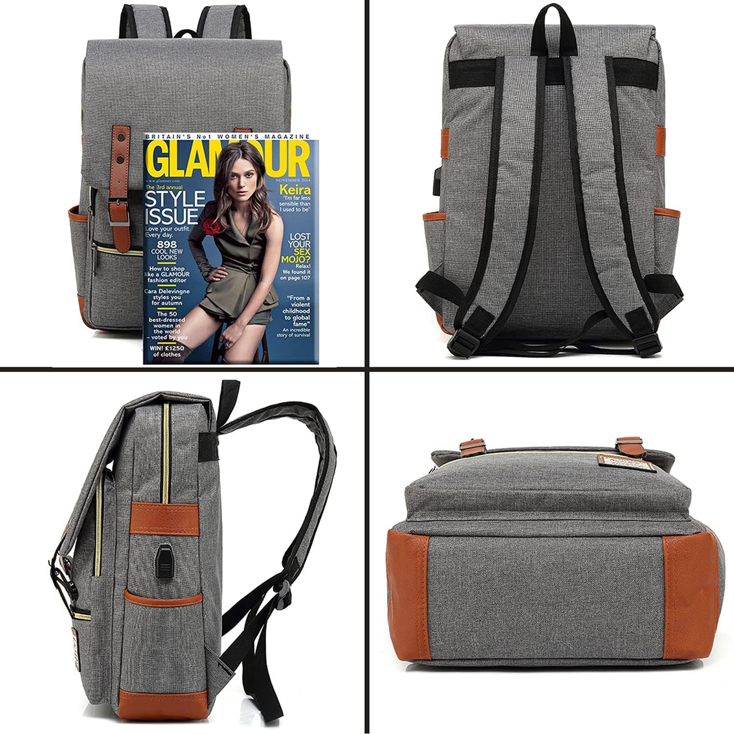 Laptop Backpack, Grey, Unisex, 15.6" Laptop Compartment, 6 Compartments, USB Charge Port, Adjustable Shoulder Strap, PU Leather Belt