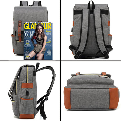Laptop Backpack, Grey, Unisex, 15.6" Laptop Compartment, 6 Compartments, USB Charge Port, Adjustable Shoulder Strap, PU Leather Belt