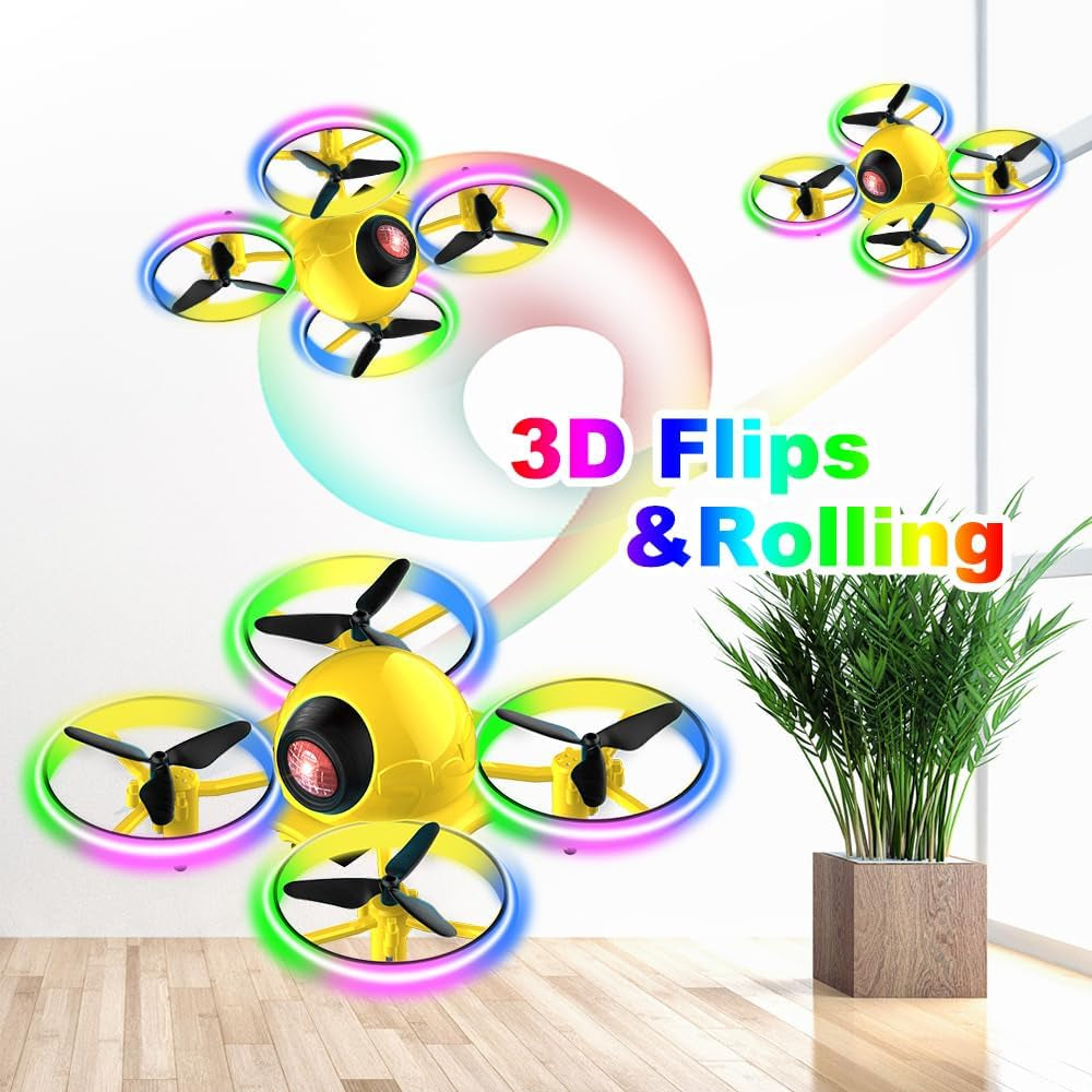 Mini Drone，Long Flight Time Small Flying Toys Drones of for Kids with LED Blinking Light One Key Take off Spin Flips RC Quadcopter Toys Drones for Beginners Boys and Girls, Yellow
