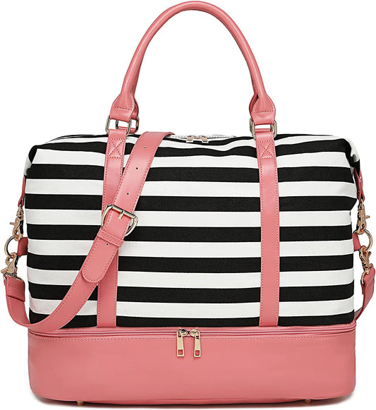 Womens Travel Weekender Bag Canvas Carry on Overnight Tote Luggage Duffel Beach Bags (Pink Leather Black Stripe with Shoe Compartment)