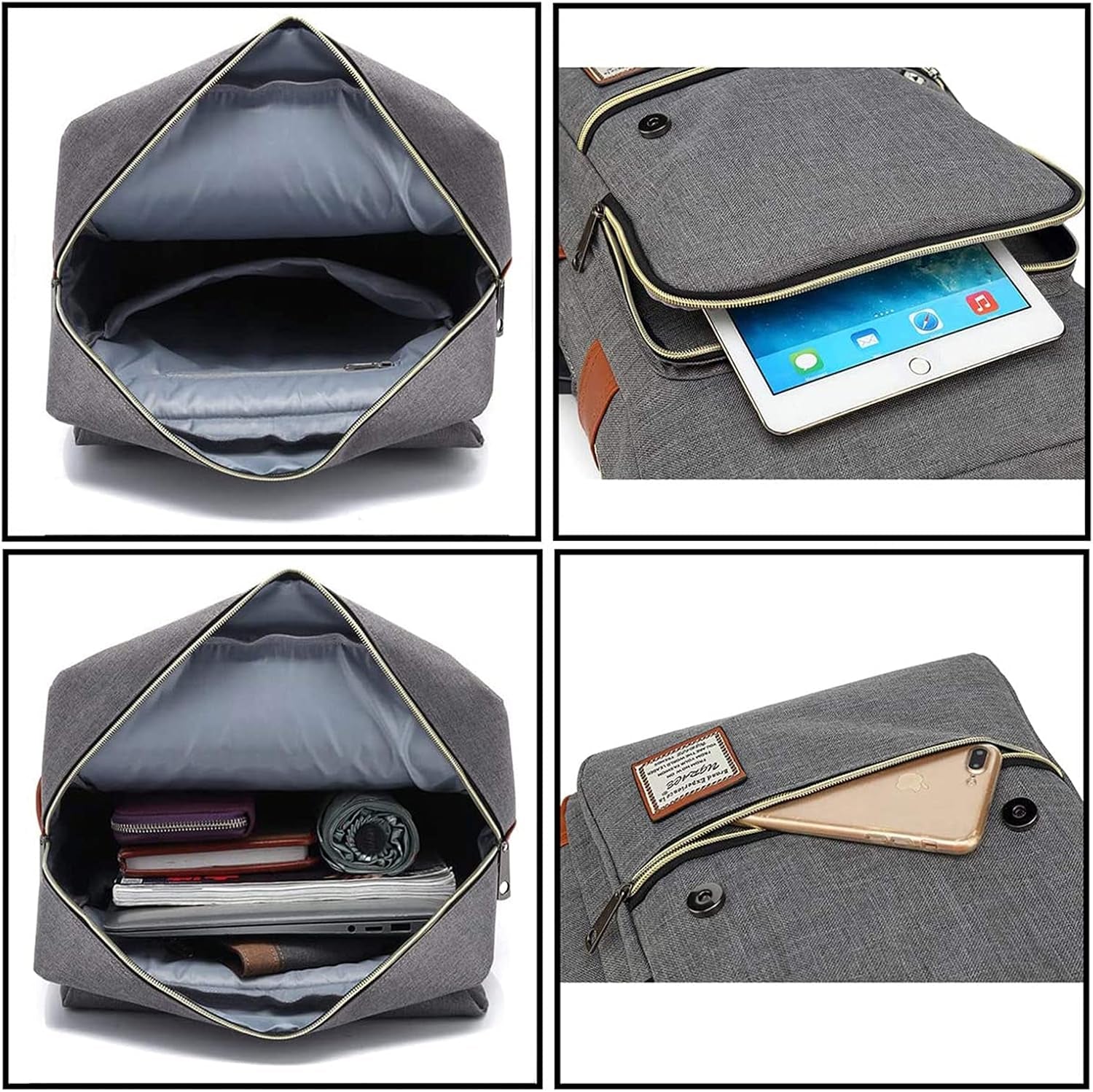 Laptop Backpack, Grey, Unisex, 15.6" Laptop Compartment, 6 Compartments, USB Charge Port, Adjustable Shoulder Strap, PU Leather Belt