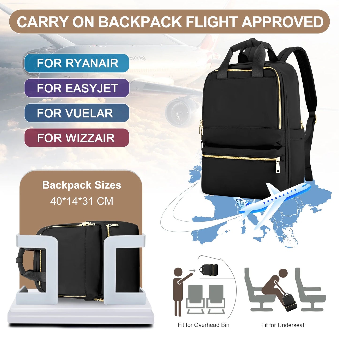Travel Backpack for Women Men Airline Approved Carry on Bags for Airplanes Black Laptop Backpack Personal Item Backpack for Traveling on Airplane College Backpack with Laptop Compartment