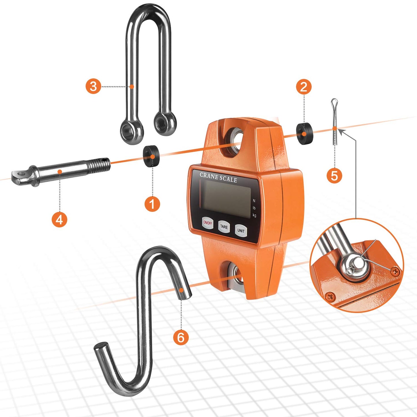 660Lb Digital Hanging Scale with Cast Aluminum Case, Handheld 300Kg Mini Crane Scale with Hooks for Farm Hunting Fishing Outdoor (Orange)